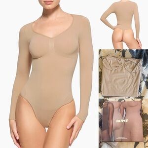 SKIMS Seamless Sculptwear Long Sleeve Thong Bodysuit in Clay size Medium